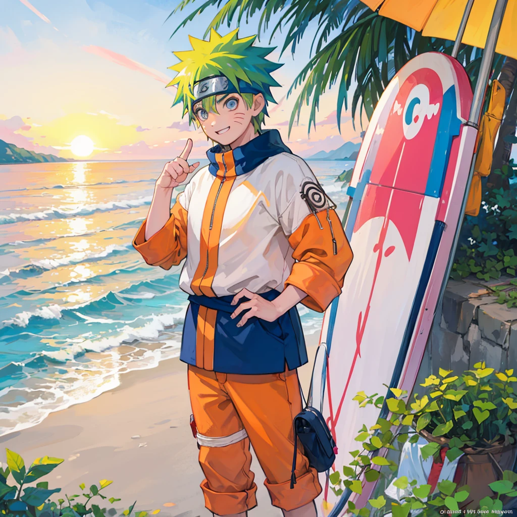 Create a vibrant and lively image of Naruto Uzumaki from the Naruto series, depicted in modern casual clothes as if he's preparing for a day at the beach in Goa. Naruto is wearing a stylish, comfortable outfit suitable for a beach outing: a brightly colored, short-sleeved shirt with a fun tropical pattern, paired with casual shorts and flip-flops. He has a pair of trendy sunglasses perched on his head, and a beach towel draped over his shoulder.

The scene is set in the early morning, with the first light of dawn casting a warm, golden glow. Naruto is standing on a balcony or near a window, looking out towards the beach with a wide, excited smile, capturing his energetic and enthusiastic personality. The background includes glimpses of palm trees swaying gently in the breeze and the calm ocean waves reflecting the early morning sunlight.

A soft, pastel-colored sky with the sun just beginning to rise adds to the serene and fresh morning atmosphere. There might be a few beach-related items nearby, such as a beach bag, a surfboard, or a beach ball, suggesting his plans for the day.

The overall style should be lively and contemporary, with a focus on capturing Naruto’s characteristic enthusiasm and the vibrant, tropical feel of a beach morning in Goa. The art should evoke a sense of adventure and fun, highlighting Naruto’s readiness to enjoy a beautiful day by the sea.