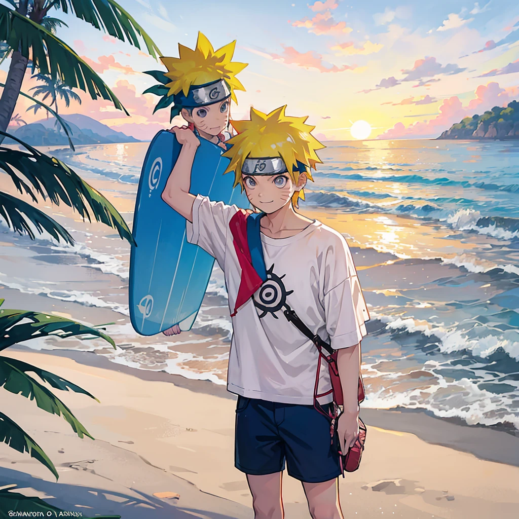 Crie uma imagem vibrante e viva de Naruto Uzumaki da série Naruto, retratado em roupas casuais modernas, como se estivesse se preparando para um dia na praia em Goa. Naruto está vestindo um elegante, roupa confortável adequada para um passeio na praia: um colorido brilhante, camisa de manga curta com estampa tropical divertida, combinado com shorts casuais e chinelos. Ele tem um par de óculos de sol da moda empoleirados na cabeça, e uma toalha de praia pendurada no ombro.

A cena se passa no início da manhã, com a primeira luz do amanhecer lançando um calor, brilho dourado. Naruto está em uma varanda ou perto de uma janela, olhando para a praia com uma ampla, sorriso animado, capturando sua personalidade enérgica e entusiasmada. O fundo inclui vislumbres de palmeiras balançando suavemente com a brisa e as ondas calmas do oceano refletindo a luz do sol da manhã..

Um leve, o céu em tons pastéis com o sol começando a nascer contribui para a atmosfera serena e fresca da manhã. Pode haver alguns itens relacionados à praia nas proximidades, como uma bolsa de praia, uma prancha de surf, ou uma bola de praia, sugerindo seus planos para o dia.

O estilo geral deve ser vivo e contemporâneo, com foco em capturar o entusiasmo característico de Naruto e a vibrante, sensação tropical de uma manhã de praia em Goa. A arte deve evocar uma sensação de aventura e diversão, destacando a disposição de Naruto em curtir um lindo dia à beira-mar.