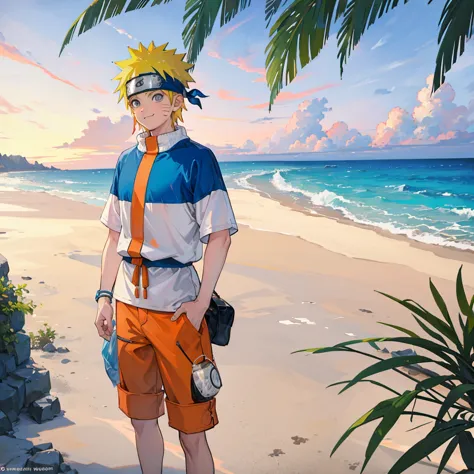 Create a vibrant and lively image of Naruto Uzumaki from the Naruto series, depicted in modern casual clothes as if he's prepari...