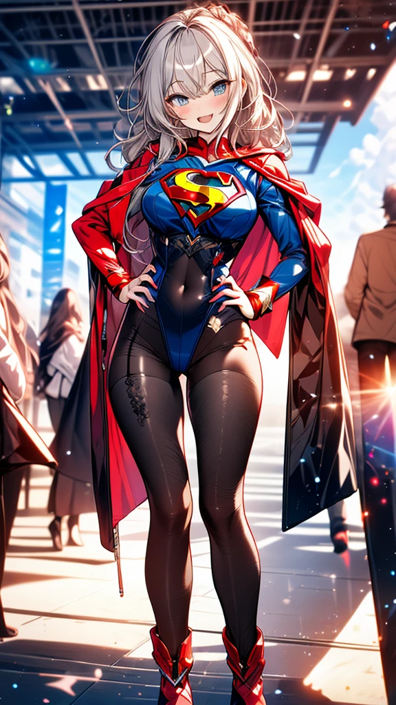 ((full body)),masterpiece, 4K, 8k, high quality, Very detailed, Detailed face, High resolution, Vibrant colors, Natural light, Best Shadow, Shallow depth of field, Portraiture (Supergirl:1.1) , smile, Blue leotard, Red Cape, red boots with heels, Grey Hair，delicate, Captivating blue eyes, Nice medium sized breasts, , (Superman symbol on chest:1.2), , blue sky, sunlight, cloud, sun, bloom, Cowboy Shot, Hands on hips, smile, Open your mouth, 