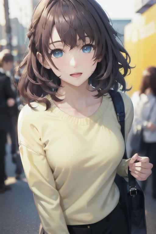 girl,Character design sheet,Beautiful attention to detail,Beautiful lip detail,Very detailed目と顔,Long eyelashes,Realistic,photoRealistic:1.37,Very detailed,Professional,Vibrant colors,Studio Lighting,Sharp focus,Physically Based Rendering,High resolution,超High resolution. blue eyes,Big eyes， Long Hair，Curly hair、Black Hair，Red cheeks，smile，Droopy eyes，Open your mouth a little，Small breasts，sweater，Chino pants，Tote，whole body，station、bow