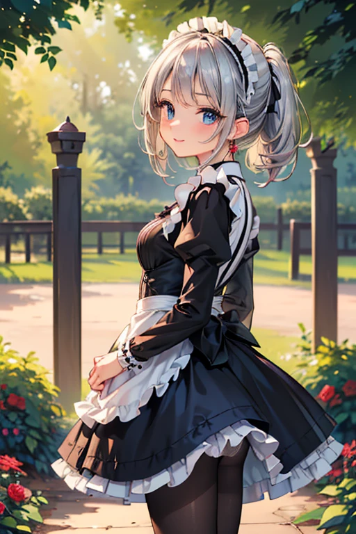 #基本 
A girl is posing for a photo, ((One Girl)), (((Baby Face:1.2)) + ((cute:1.3))), 
#A girl is posing for a photo, ((One Girl)), (((Baby Face)) + ((cute)) + 16 years old), 
break 

#Clothing Accessories 
(((Black and white)Gothic Lolita style maid outfit) : Elegant + (Dirndl) + Gothic Lolita Fashion + Dark Gothic Lolita + (Black and white)jabot + (black corset) + ((Black and white)Headdress) + (White apron)) + (Low denier black pantyhose:1.4) + (Black High Heels), 
red gem earrings, 
break 

#Features 
((Silver Hair:1.4)), (Bangs that expose the forehead:1.3 + I can see a beautiful forehead:1.3), (ponytail : A little short hair + Curly hair + Fuller Hair),  
(Droopy eyes, blue eyes, (Big eyes:1.2)), (Very small breasts), 
break 

#background environment 
(noon, (The garden of a large Western-style mansion + grass + Garden of roses + The sun shines on the girl)), 
#Facial Expression Pose 
((smile:1.3), blush), (Standing with confidence and grace, (model posing)), 
#composition 
(To the camera, (Focus from the side), (Cowboy Shot)),  
break 

#Body parts elements 
(Slim figure), 
(Detailed Hair, Beautiful Hair, Shiny Hair), 
(double eyelid, Long eyelashes), 
(Expression of fine eyes, Beautiful and delicate eyes, Sparkling eyes, Eye Reflexes, Glitter Eyeliner), 
(Human Ear), 
(Beautiful Nose, Thin Nose), 
(Glossy Lips, Beautiful Lips, Thick lips, Glossy Lips, Natural Cheeks), 
(Detailed face, Symmetrical facial features), 
(Detailed skin, Textured skin, Beautiful Skin, Glowing Skin), 
break 

#Quality Image Quality Common 
(((Highest quality)), ((masterpiece)), ((Very detailed))), ((High resolution)), ((16K,1080P)), 
(Anatomically correct), (Realistic), (3DCG), 

#Quality image illustration 
((comics, anime)), CG illustration, 
