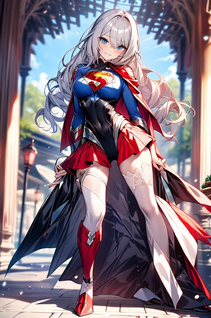 ((full body)),masterpiece, 4K, 8k, high quality, Very detailed, Detailed face, High resolution, Vibrant colors, Natural light, Best Shadow, Shallow depth of field, Portraiture (Supergirl:1.1) , smile, Blue leotard, Red Cape, red boots with heels, Grey Hair，delicate, Captivating blue eyes, Nice medium sized breasts, , (Superman symbol on chest:1.2), , blue sky, sunlight, cloud, sun, bloom,