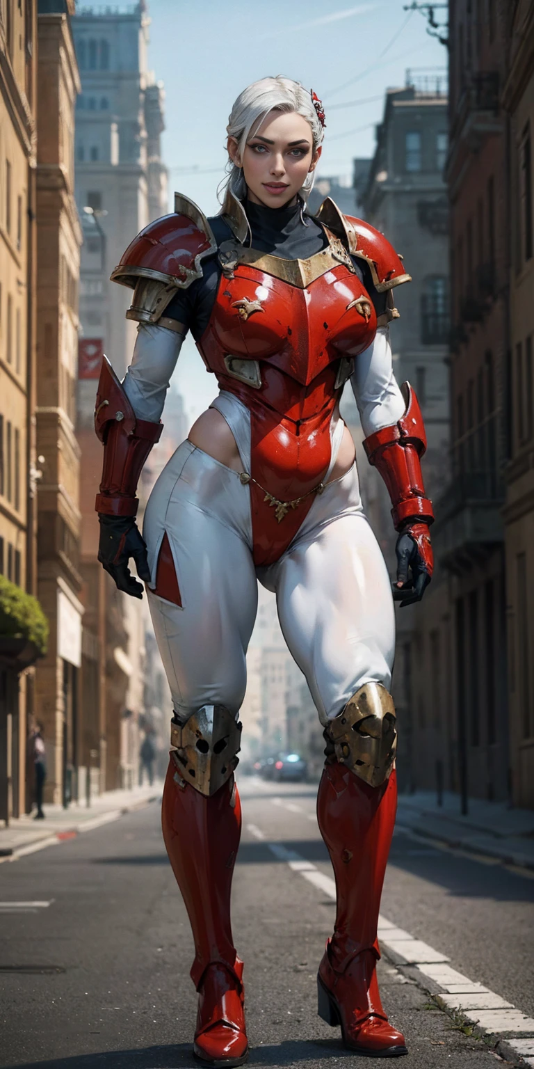 (masterpiece, best quality, 4k, 1girlsolo, 1MILF, mmplatz, smile, red cheeks, plain background:1.2) perfect face, perfect lighting, mature whsororitas with gloves red gauntlets in her hands like Cammy White from Street Fighter, bob white hair, warhammer 40k power armor suit with loincloth, red eyes like rubies, full body RED armor, view from below, looking to the viewer, arms to the sides empty hands, RED military boots, silver skull ornament attached to crossing 2 belt wide hips, 2 long legs