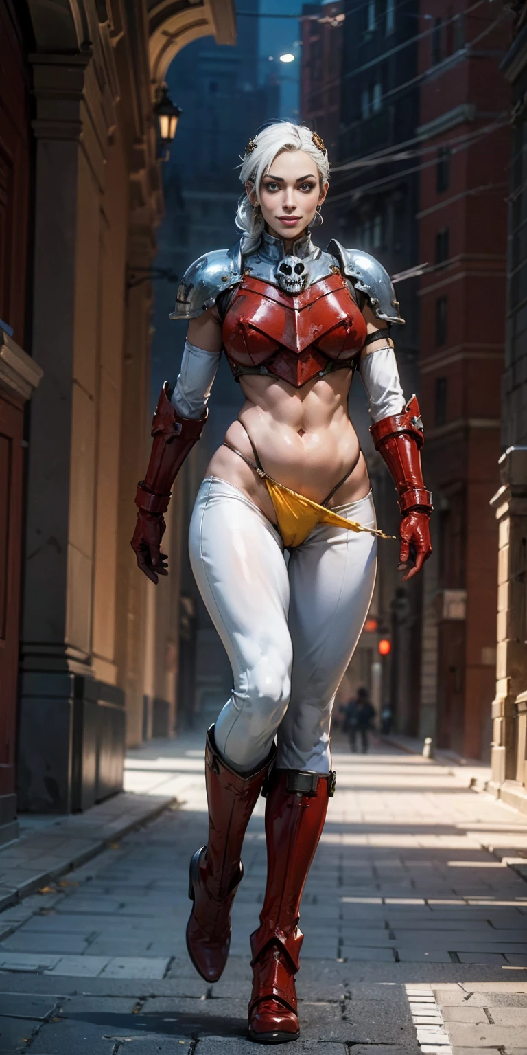 (masterpiece, best quality, 4k, 1girlsolo, 1MILF, mmplatz, smile, red cheeks, plain background:1.2) perfect face, perfect lighting, mature whsororitas with gloves red gauntlets in her hands like Cammy White from Street Fighter, bob white hair, warhammer 40k power armor suit with loincloth, red eyes like rubies, full body RED armor, view from below, looking to the viewer, arms to the sides empty hands, RED military boots, silver skull ornament attached to crossing 2 belt wide hips, 2 long legs