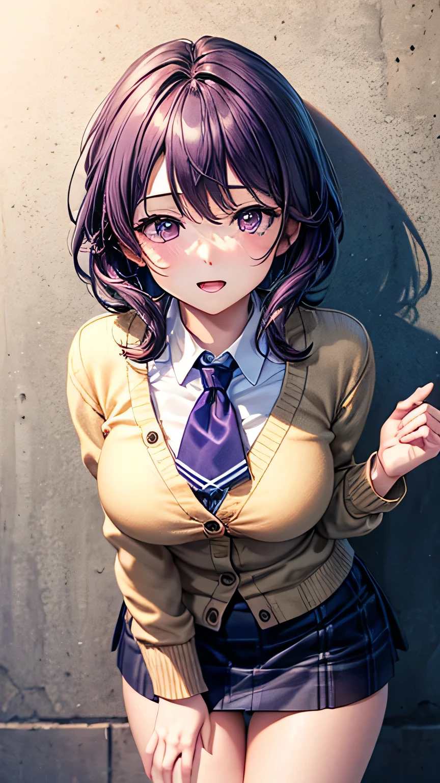 (Very detailed CG Unity 8K 壁紙),(masterpiece), (Highest quality), (Very detailed), (Best illustrations),(Best Shadow), Large Breasts,16 years old,Purple eyes and very short purple hair,,Leaning forward、White blouse,Blue tie,Checked mini skirt（Put your panties down）,beige cardigan,Dynamic Angle