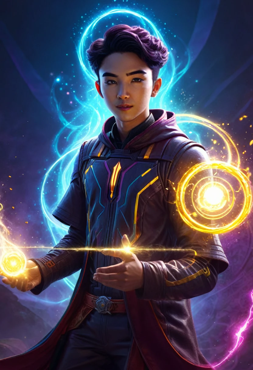 a high quality digital illustration of [a young techno-mage] named Usrican casting spells, incoming, Gunz N Butter, futuristic, magical, dynamic pose, glowing effects, mystical, sci-fi, character design, vibrant colors, action-packed, enchanting, detailed background, 4k