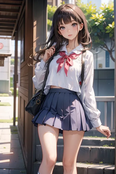 Short skirt, White pante,Cute school girl, Japanese Uniform,whole body,