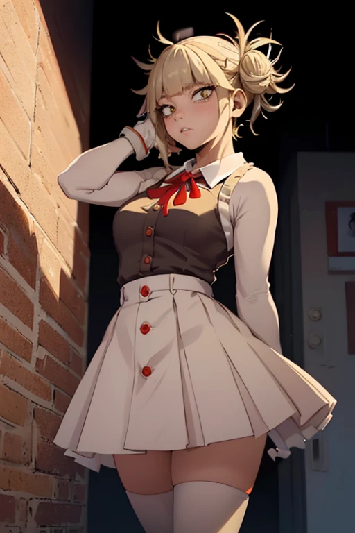 Himiko Toga, ,,(Alone),Himiko toga,(boku no hero academia),(short blonde hair with two messy pulps in her hair and yellow eyes with cat pupils),(Wearing),+,Wearing),+,(\A female character dressed in a short red dress with a super short and sensual skirt, fitted to the body, with white details on the cuffs and collar. She wears white gloves and a traditional red and white Christmas hat, completing the look with red boots.")/,+,(\Facing the front of the fourth wall looking at the fourth wall:1.5)/