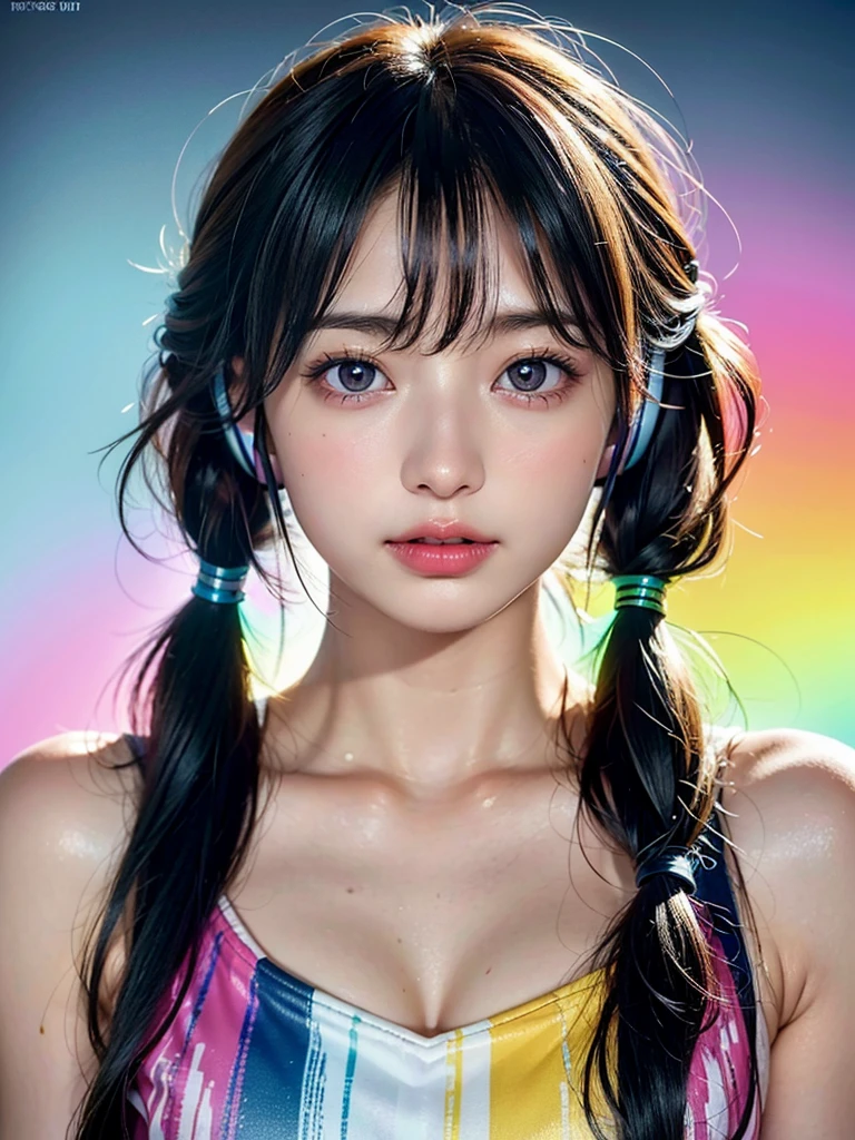 40-year-old Japanese woman、Black Hair、Hair is very short、Twin tails、Hatsune Miku Costume、Headphones、Flat Chest、Realistic photos、Realistic、8K quality、expensive、No bangs、High resolution, Highest quality, Anatomically correct, Winner of numerous awards, looking at the audience, large watery eyes, (rainbow colored hair：1.6), color splash, （solo：1.8）, color splash, color explosion, thick paint style, messy lines, ((shining))，(colorful), (colorful), (colorful), colorful, Thick Paint Style, (Splash) (Color Splash), Vertical Painting, Upper Body, Paint Splash, Acrylic Pigment, Gradient, Paint, Highest Image Quality, Highest Quality, Masterpiece, solo, Depth of Field (elegant: 1.3), (花びら: 1.4)，(((masterpiece))),(((best quality))),((ultra-detailed)),(illustration),(dynamic angle),((floating)),(paint),((disheveled hair)),(solo),(1girl) , (((detailed anima face))),((beautiful detailed face)),collar,bare shoulders,white hair, ((colorful hair)),((streaked hair)),beautiful detailed eyes,(Gradient color eyes),(((colorful eyes))),(((colorful background))),(((high saturation))),(((surrounded by colorful)