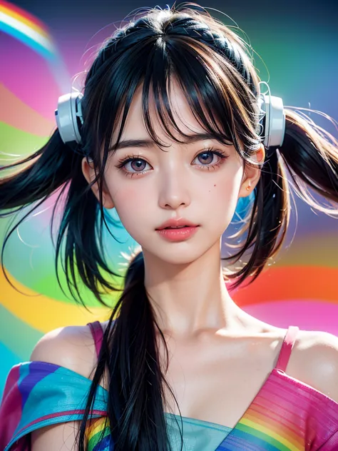 40-year-old Japanese woman、Black Hair、Hair is very short、Twin tails、Hatsune Miku Costume、Headphones、Flat Chest、Realistic photos、...