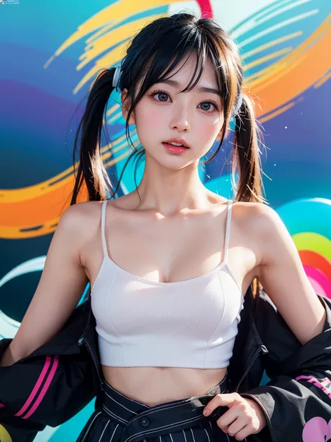 40-year-old Japanese woman、Black Hair、Hair is very short、Twin tails、Hatsune Miku Costume、Headphones、Flat Chest、Realistic photos、...