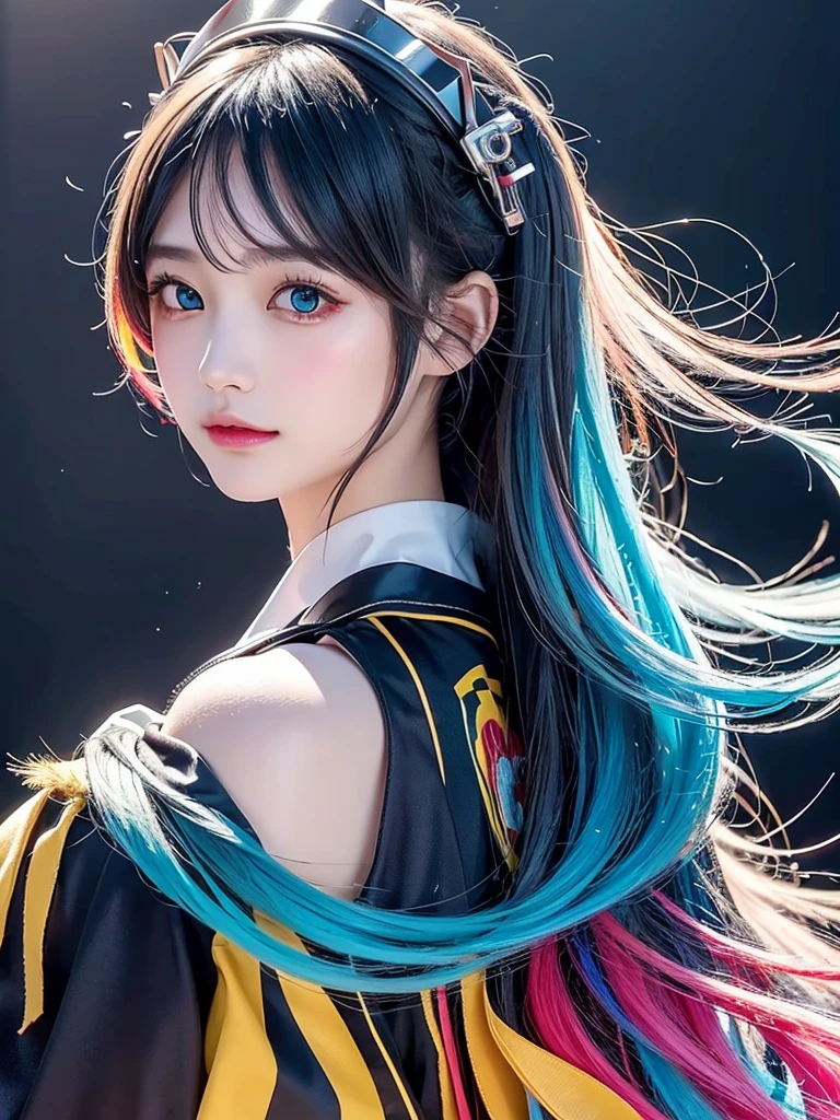 Mujer japonesa de 40 años、pelo negro、el pelo es muy corto、colas gemelas、Disfraz Hatsune Miku、Auriculares、pecho plano、Realista photos、Realista、calidad 8k、caro、sin flequillo、Alta resolución, de la máxima calidad, anatómicamente correcto, Ganador de numerosos premios, mirando a la audiencia, grandes ojos llorosos, (cabello color arcoiris：1.6), Salpicadura de color, （solo：1.8）, Salpicadura de color, explosión de color, thick pintar style, Líneas desordenadas, ((brillante))，(Vistoso), (Vistoso), (Vistoso), Vistoso, Thick pintar Style, (Chapoteo) (Color Chapoteo), Vertical pintaring, Parte superior del cuerpo, pintar Chapoteo, pigmento acrílico, Gradient, pintar, Máxima calidad de imagen, de la máxima calidad, obra maestra, solo, profundidad de campo (elegant: 1.3), (((obra maestra))),(((mejor calidad))),((ultra detallado)),(ilustración),(ángulo dinámico),((Flotante)),(pintar),((pelo despeinado)),(solo),(1 chica) , (((Cara de anima detallada))),((hermoso rostro detallado)),cuello,hombros descubiertos,pelo blanco, ()),((pelo rayado)),hermosos ojos detallados,(Gradient color eyes),(((Vistoso eyes))),(())),(((alta saturación))),(((surrounded by Vistoso)、Street style