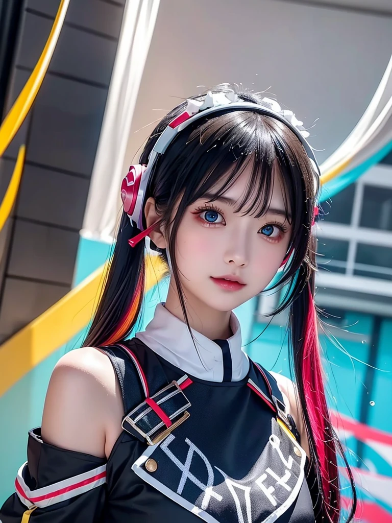 Mulher japonesa de 40 anos、Cabelo preto、O cabelo é muito curto、Caudas duplas、Fato de Hatsune Miku、fones de ouvido、Peito plano、realista photos、realista、Qualidade 8k、caro、sem franja、Alta resolução, mais alta qualidade, Anatomicamente correto, Vencedor de vários prêmios, olhando para o público, grandes olhos lacrimejantes, (cabelo colorido arco-íris：1.6), respingo de cor, （Sozinho：1.8）, respingo de cor, explosão de cores, thick pintar style, linhas bagunçadas, ((brilhando))，(colorida), (colorida), (colorida), colorida, Thick pintar Style, (Respingo) (Color Respingo), Vertical pintaring, tronco, pintar Respingo, Pigmento Acrílico, Gradiente, pintar, A mais alta qualidade de imagem, mais alta qualidade, obra de arte, Sozinho, profundidade de campo (elegante: 1.3), (((obra de arte))),(((melhor qualidade))),((Ultra-detalhado)),(ilustração),(Ângulo Dinâmico),((flutuando)),(pintar),((Cabelo desgrenhado)),(Sozinho),(1 garota) , (((Rosto detalhado da anima))),((Lindo rosto detalhado)),colarinho,Ombros nus,cabelo branco, ()),((cabelo com mechas)),lindos olhos detalhados,(Gradiente color eyes),(((colorida eyes))),(())),(((alta saturação))),(((surrounded by colorida)、foto de rua