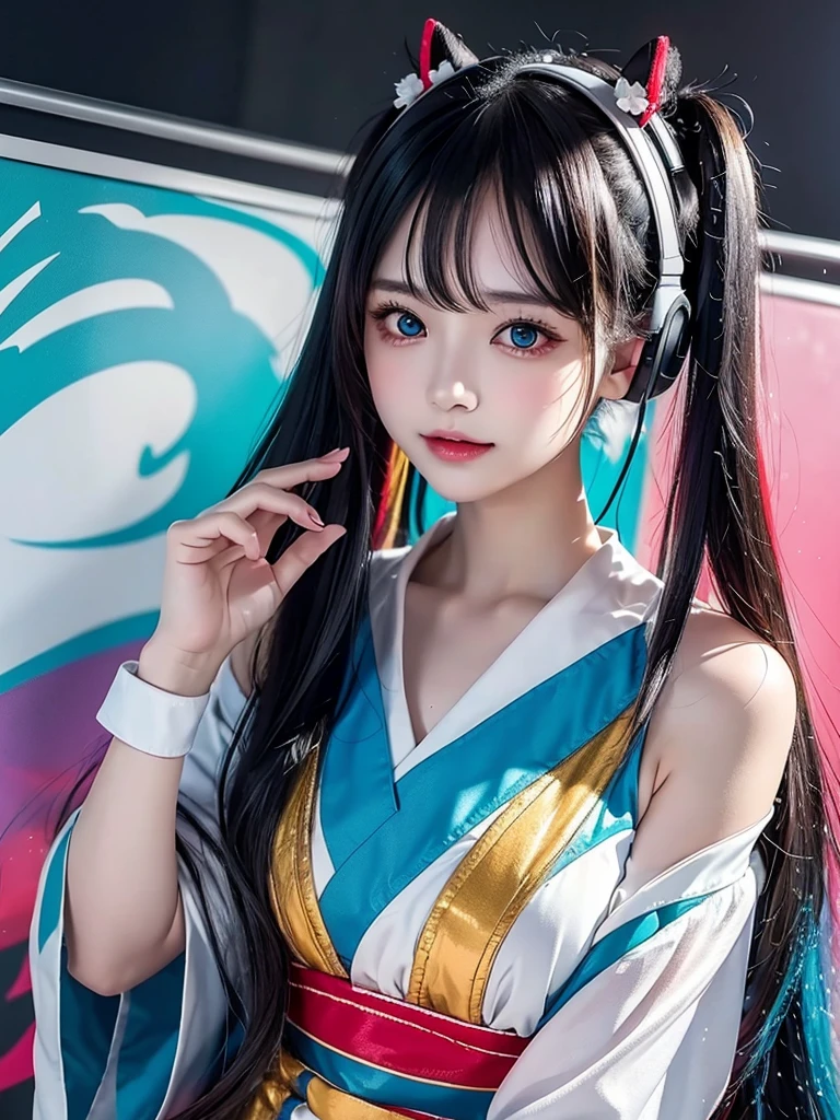 40-year-old Japanese woman、Black Hair、Hair is very short、Twin tails、Hatsune Miku Costume、Headphones、Flat Chest、Realistic photos、Realistic、8K quality、expensive、No bangs、High resolution, Highest quality, Anatomically correct, Winner of numerous awards, looking at the audience, large watery eyes, (rainbow colored hair：1.6), color splash, （solo：1.8）, color splash, color explosion, thick paint style, messy lines, ((shining))，(colorful), (colorful), (colorful), colorful, Thick Paint Style, (Splash) (Color Splash), Vertical Painting, Upper Body, Paint Splash, Acrylic Pigment, Gradient, Paint, Highest Image Quality, Highest Quality, Masterpiece, solo, Depth of Field (elegant: 1.3), (((masterpiece))),(((best quality))),((ultra-detailed)),(illustration),(dynamic angle),((floating)),(paint),((disheveled hair)),(solo),(1girl) , (((detailed anima face))),((beautiful detailed face)),collar,bare shoulders,white hair, ()),((streaked hair)),beautiful detailed eyes,(Gradient color eyes),(((colorful eyes))),(())),(((high saturation))),(((surrounded by colorful)、ストリートスナップ