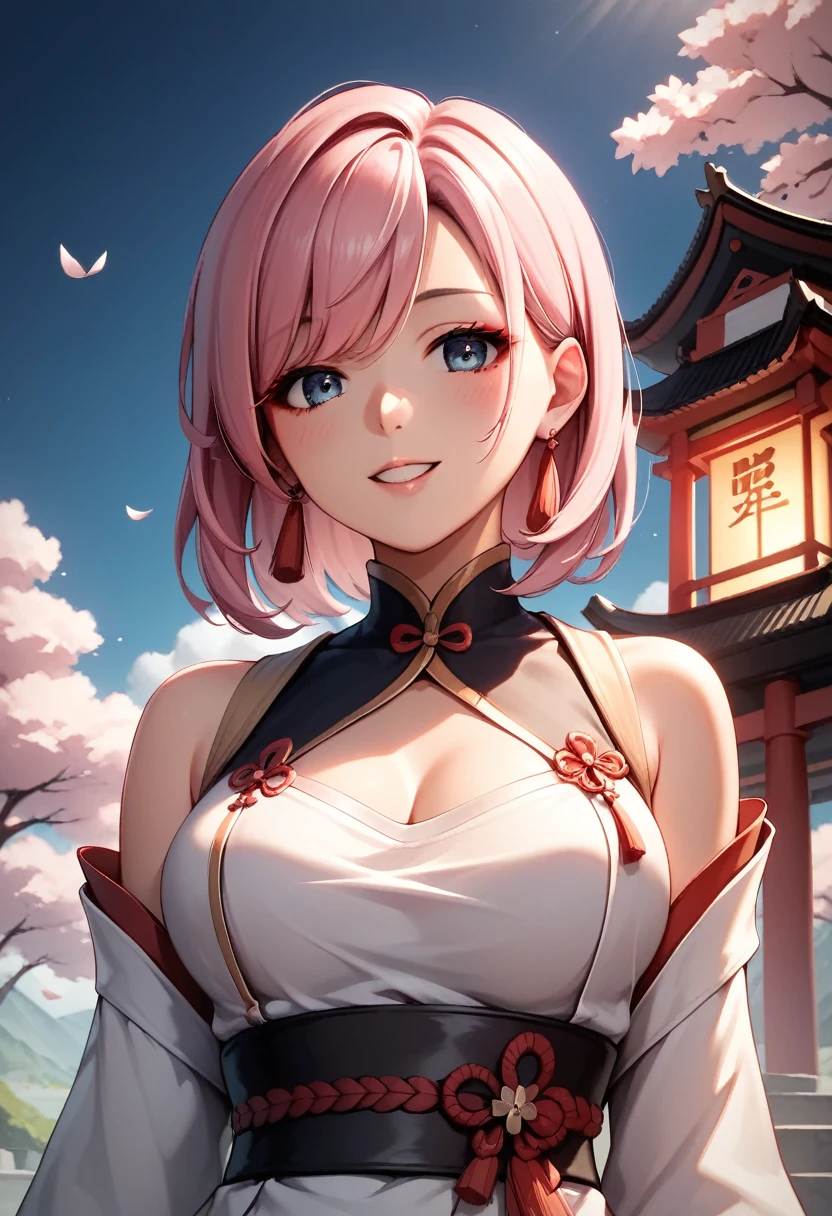 a beautiful young woman, 25 years old, wearing traditional Chinese clothing, standing in an old temple, her medium-length hair flowing, pink hair, her eyes rendered in an anime style, happy, her medium-sized breasts accentuated,, (best quality, masterpiece, 4k, ultra-detailed), intricate details, dramatic lighting, cool angle, simple background, temple
