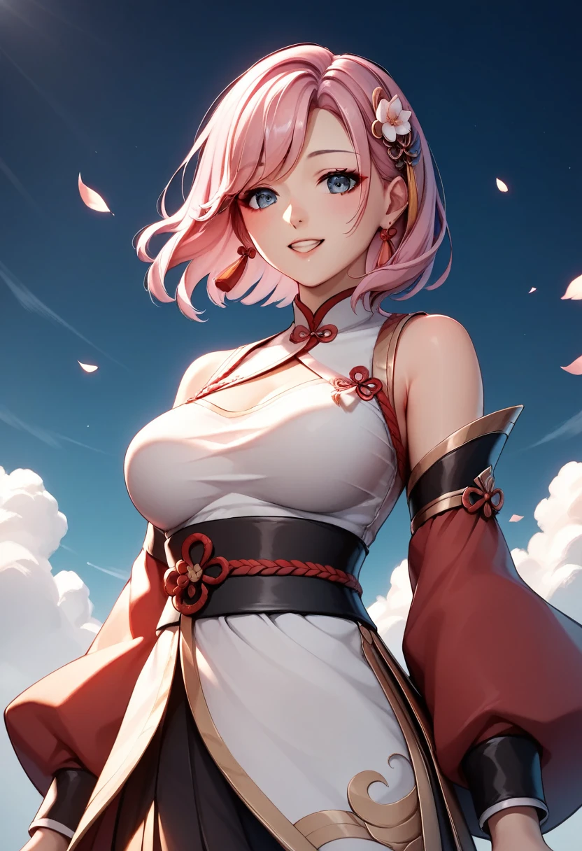 a beautiful young woman, 25 years old, wearing traditional Chinese clothing, standing in an old temple, her medium-length hair flowing, pink hair, her eyes rendered in an anime style, happy, her medium-sized breasts accentuated,, (best quality, masterpiece, 4k, ultra-detailed), intricate details, dramatic lighting, cool angle, simple background, temple
