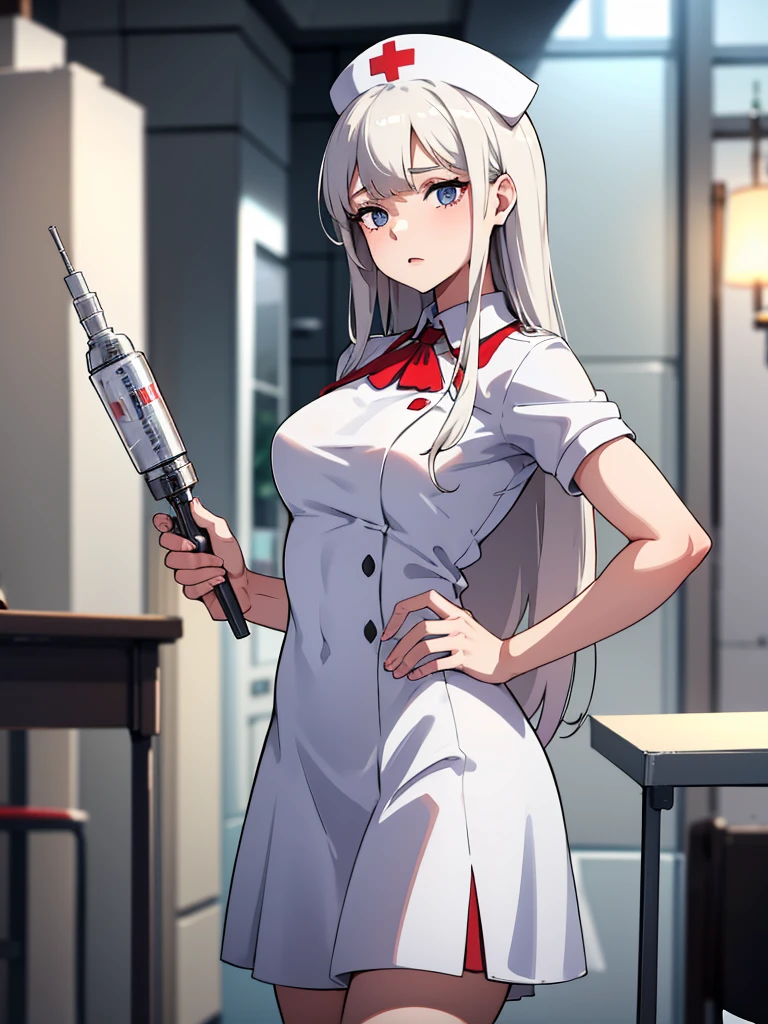 1girl, white nurse, using large syringe as weapon:1.2, masterpiece, best quality, high detailed, motion blur, selective focus, dynamic pose, 8k