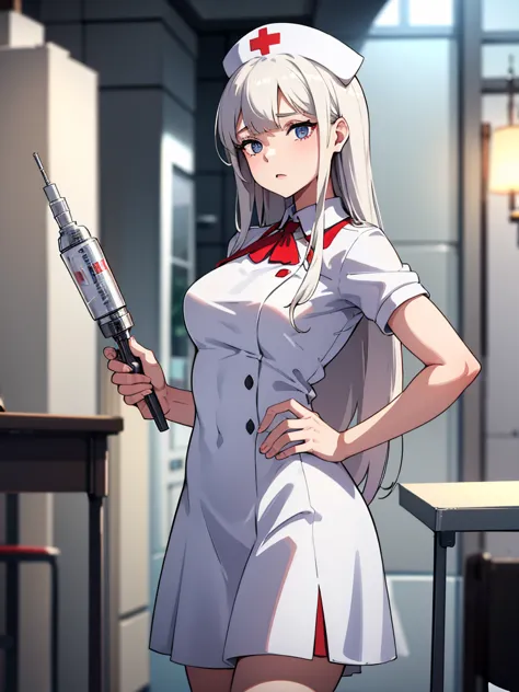 1girl, white nurse, using large syringe as weapon:1.2, masterpiece, best quality, high detailed, motion blur, selective focus, d...