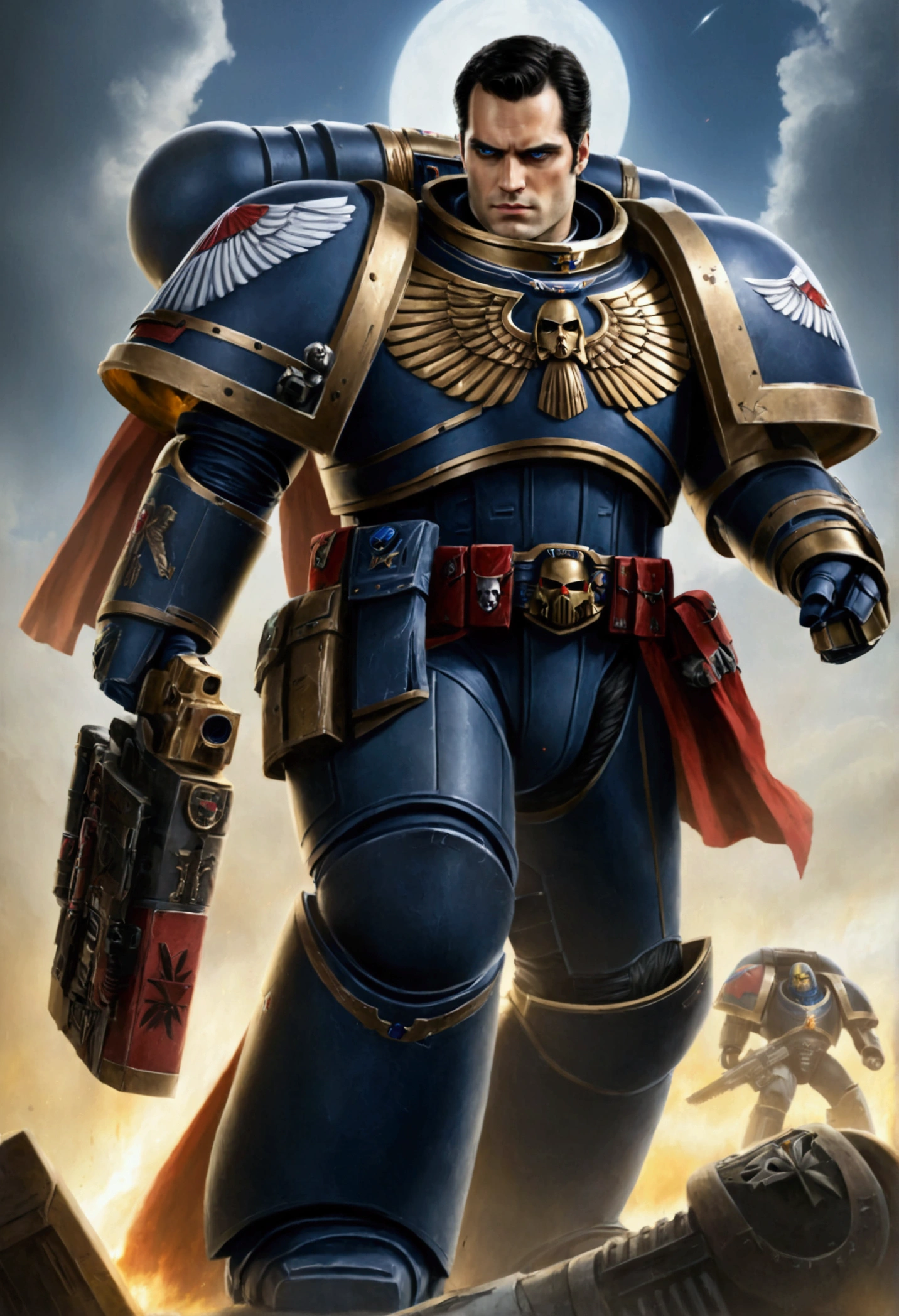 Crie uma imagem de Henry Cavill no universo de Warhammer 40k 