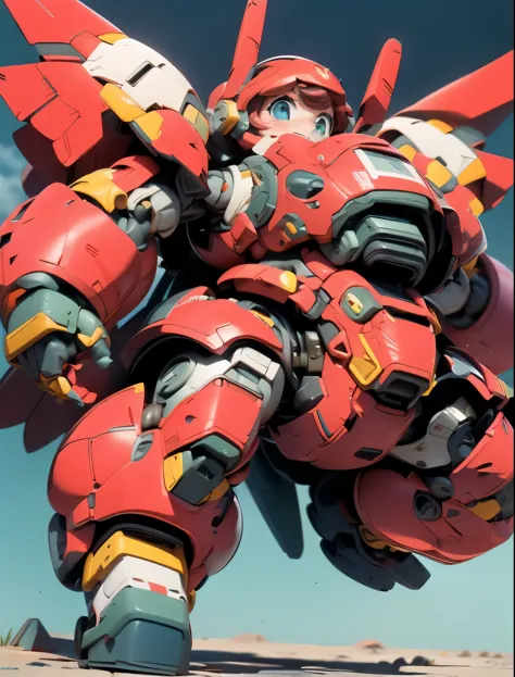 (((1 chibi girl in large red-colored robot costume, from below))), (holding weapons), (((helmet:1.5))), (((looking down:1.4))), ssmile, (chibi), (bulky:1.5), large cute face, mechanical parts, ((mechanical wings)), (full armor:1.8), (mecha armor:1.8), (shoulder guards:1.2),(huger arms), ((mechanical arms:1.5)), (short legs), (huger body:1.8), (heavy equipment:1.6), (from below), (headgear), blue sky, white clouds, robot joints, becoming a mecha, mecha, (RARS), (HRS), ROBOTANIMESTYLE, BJ_Cute_Mech,cute, girl
BREAK
((masterpiece)), vibrant colors, 8k, best quality, ultra detailed illustration, ((best quality)), ((high resolution)), flawless skin textures, shiny oiled skin, extremely detailed anime eyes , extreme light and shadow,