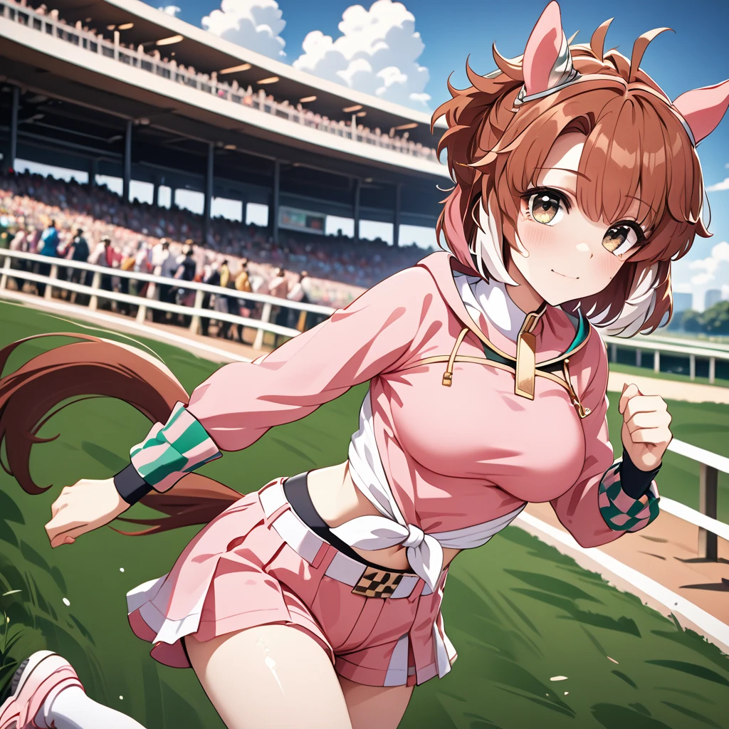 1girl,dantsu_flame\(umamusume\),horse tail,horse ears, black pantyhose, midriff, belt, tied shirt, pink skirt, navel, solo, pink shirt, long sleeves, pink shorts,from side,serious,sweat,closed mouth,grit your teeth, motion blur,(((running))),((dash)), sweat,smoke,(((turf))),motion lines, (((horse racing track))), chibi,,ai-generated,,beautiful eyes,masterpiece,best quality,highres,4k,8k,