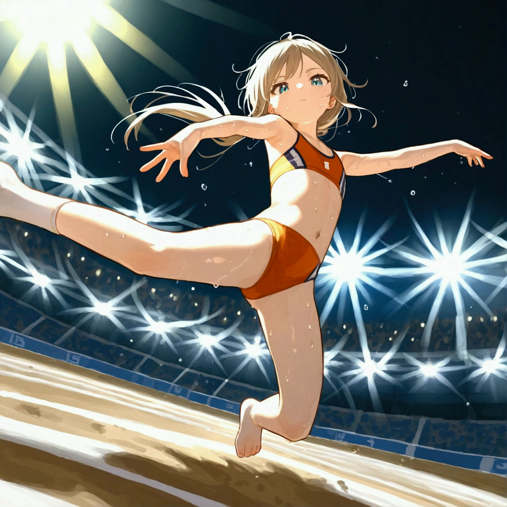 score_9, source anime, wide shot, 1girl, woman athlete jumping to sand in the stadium, (flat chest:1.2), goal line, dynamic angle, perfect face, playful expression, low ponytail, sweat, outdoor, blue sky, shiny day, dramatic lighting, cinematic, best quality, 8k, masterpiece, ultra-detailed,very aesthetic, absurdres, newest,Perfect Hands