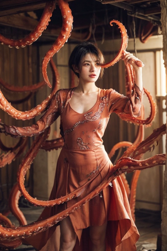 Having tentacle sex, (Many alien tentacles:1.2), Torn, See-through dress, Too many, Constraints, (Multiple Inserts:1.2), Short Hair, Big Breasts, (Hanging by tentacles:1.6), enjoy, aggression, Inside the cave, Pretty eyes, Great images, Senile, It has a certain charm, Depth of written boundary, Detailed texture, Tentacles grabbing the chest, Splash a thick  all over your body, The embarrassing parts are in full view.  ((Tentacles enter the skirt))