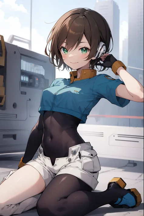 aile_megamanzx, kneeling with one hand on the ground and the other arm raised, 1girl, solo, short hair, brown hair, short sleeve...