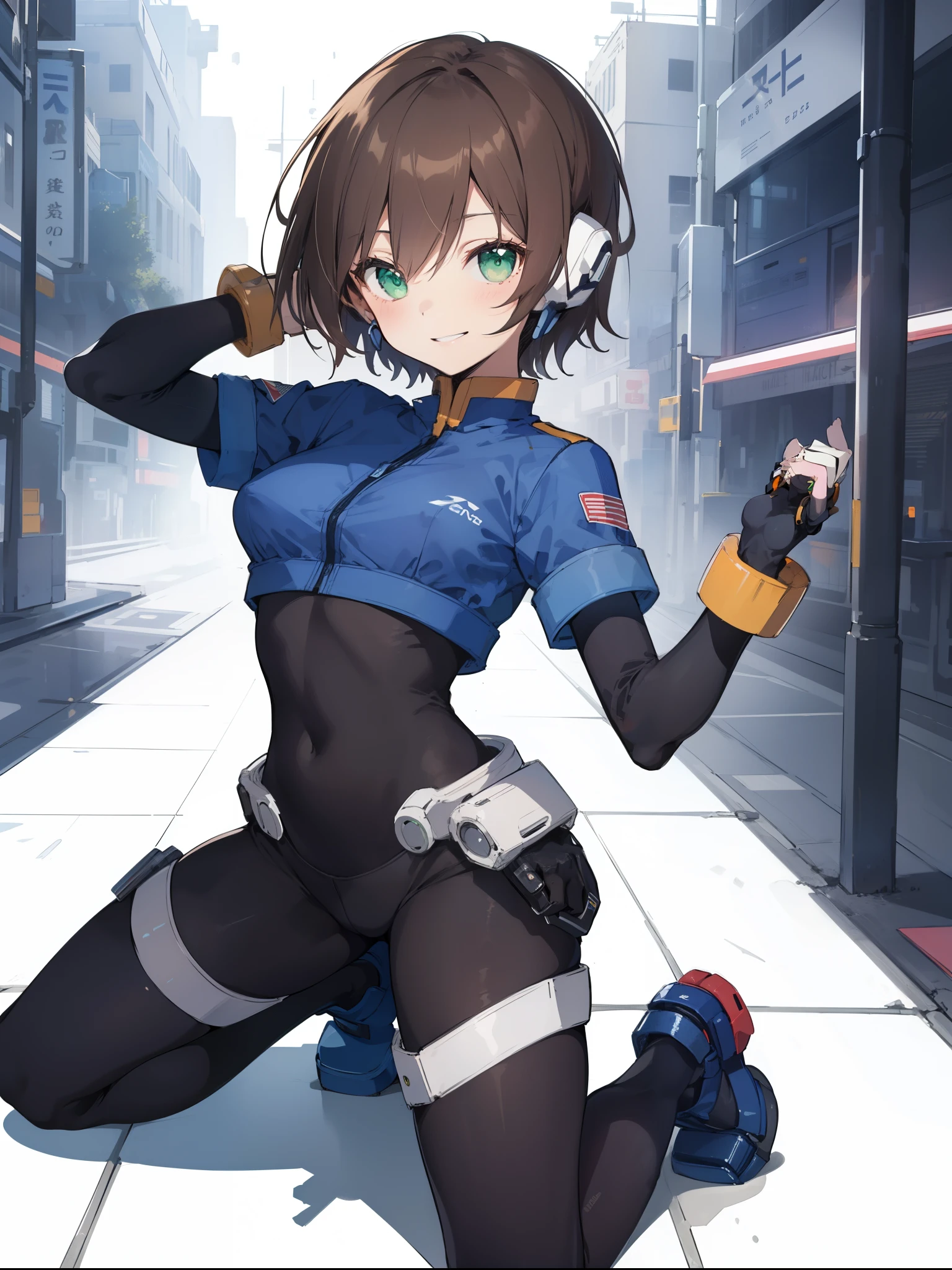 aile_megamanzx, kneeling with one hand on the ground and the other arm raised, 1girl, solo, short hair, brown hair, short sleeves, (bodysuit), robot ears, green eyes, short_shorts, short sleeves, short over long sleeves, smile, in futuristic city, , high quality, medium_breasts,crotch,