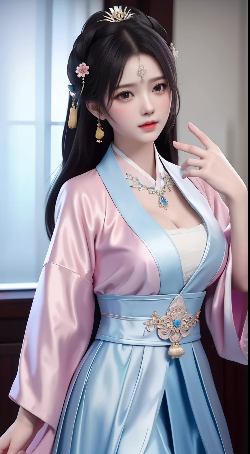 best quality, masterpiece, highres, 1girl,china dress,hair ornament,necklace, jewelry,Beautiful face,upon_body, tyndall effect,photorealistic, dark studio, rim lighting, two tone lighting,(high detailed skin:1.2), 8k uhd, dslr, soft lighting, high quality, volumetric lighting, candid, Photograph, high resolution, 4k, 8k, Bokeh, Wet-breasted Hanfu open V-chested clothes, All pictures, Wet body of thin silk fabric, Thin silk lace petticoat,princess 10 yeald old cute, (huge ，cleavage),petticoat, white pink, blue ，best qualtiy，tmasterpiece，Ultra-high resolution，（Reality：1.4），RAW photogr，（True skin texture：1.3），（filmgrain：1.3），（Selfie angle），1个Giant Breast Girl，Beautiful eye and face details，tmasterpiece，Best quality at best，exposing thighs，Bigchest，The chest is more exposed, pattern on fabric