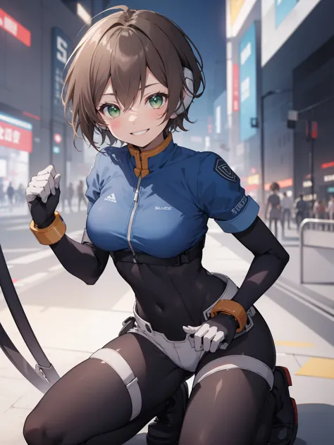 aile_megamanzx, kneeling with one hand on the ground and the other arm raised, 1girl, solo, short hair, brown hair, short sleeve...