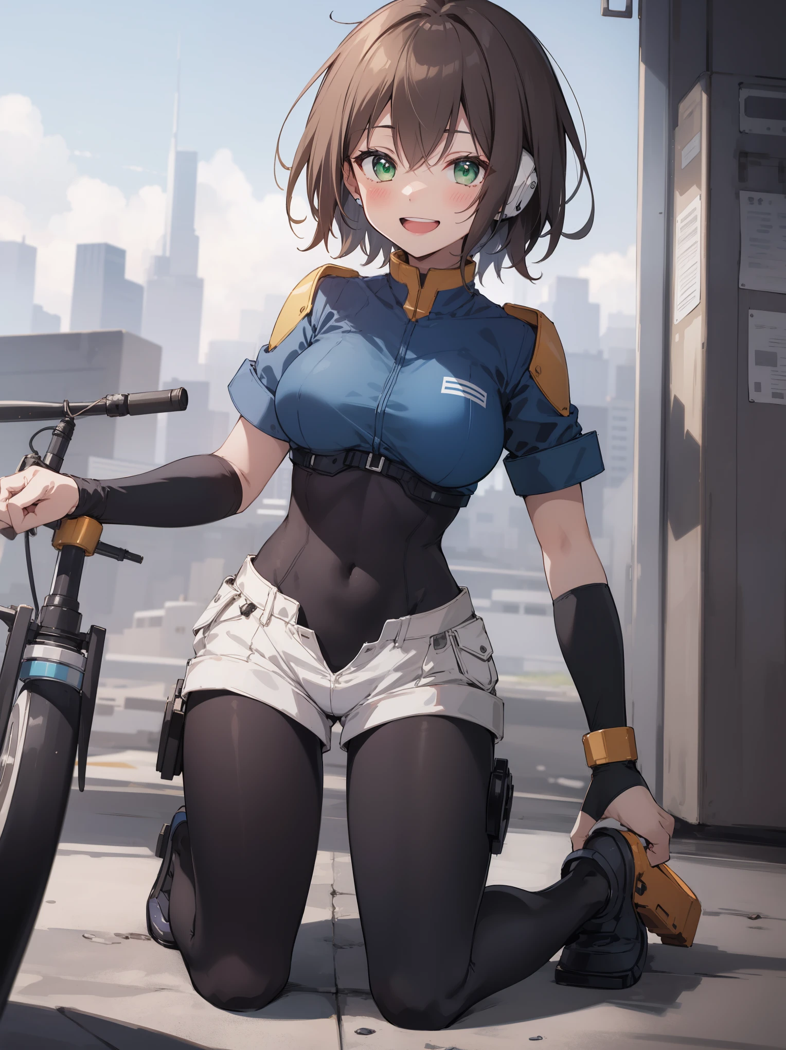 aile_megamanzx, kneeling with one hand on the ground and the other arm raised, 1girl, solo, short hair, brown hair, short sleeves, (bodysuit), robot ears, green eyes, short_shorts, short sleeves, short over long sleeves, smile, in futuristic_city_landscape, , high quality, medium_breasts,crotch, slouch,(covered_nipples:0.6), laugh,smile,open_mouth