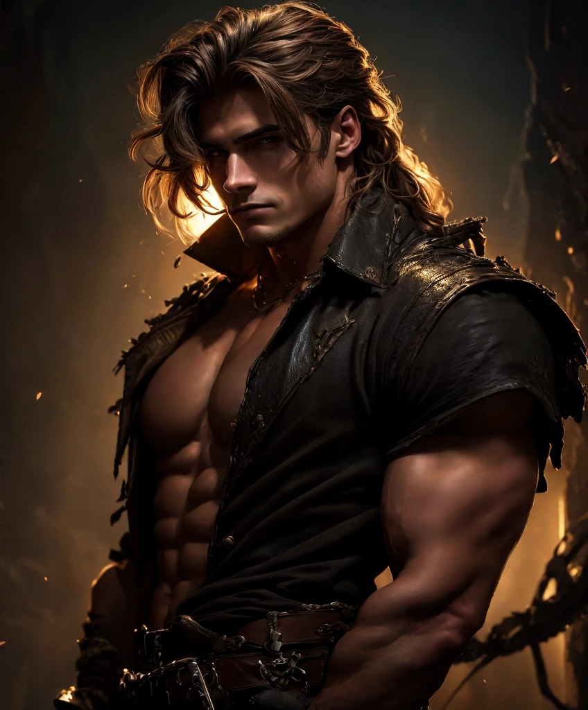 masterpiece, best quality, high resolution, closeup portrait, a male, dark fantasy art, fantasy, handsome and sexy male adventurer, beautiful figure painting, bright light, amazing composition, front view, HDR, volumetric lighting, ultra quality, elegant, highly detailed, ready for a fight. Handsome.  Sexy.  Rowdy.  Leather attire.  Dark and eerie background.  Long blond hair.  Ideal male physique.  Sexy stare.