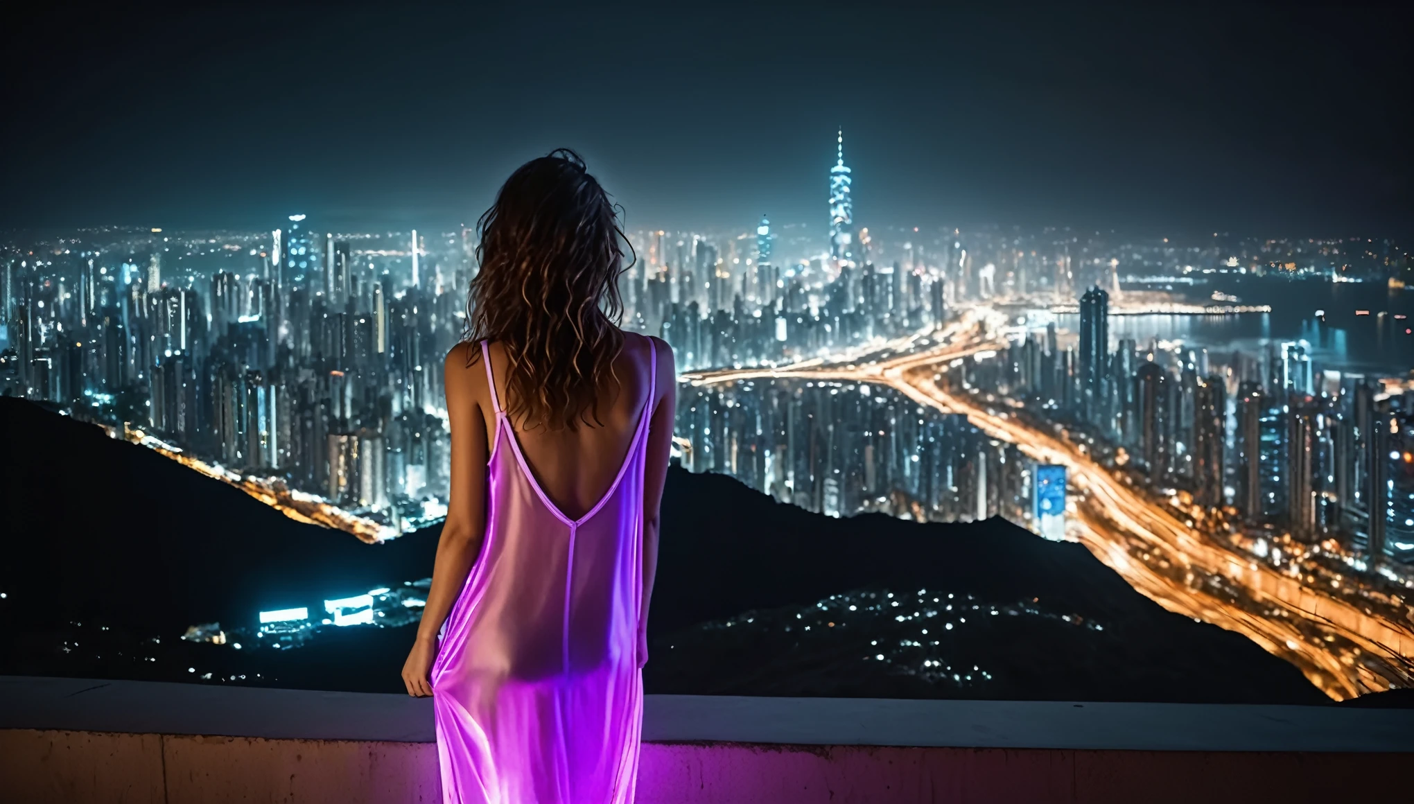 Top Quality, Masterpiece, High Resolution, 8k, (((cute skinny barely legal girl in oversized silky nightgown with plunging neckline, wide neckline, deep neckline, small perky breasts, beautiful detailed eyes, beautiful detailed lips, small closed mouth, extremely detailed face, tanned skin, curly long hair, small hips))), cyberpunk apartment, moody atmosphere, dramatic and random neon colors, futuristic setting, intricate details, at night, backlit, random neon color, full body shot, view from distance 