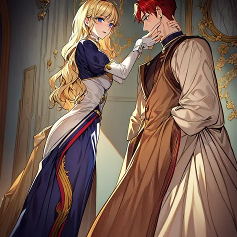 picture of gorgeous noble woman and her handsome servant she is the duchess in the victorian era she have red hair and blue eyes...