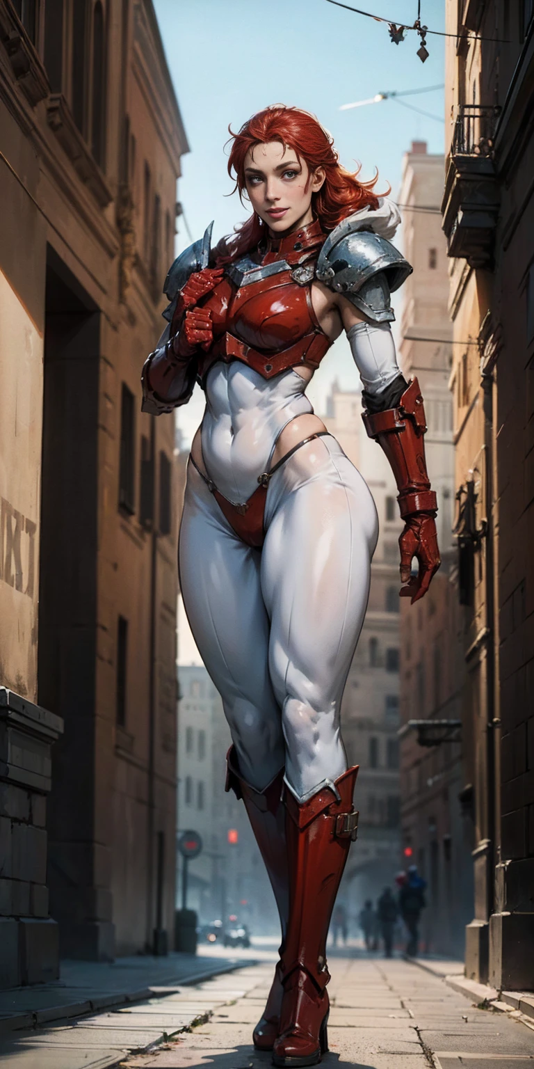 (masterpiece, best quality, 4k, 1girlsolo, 1MILFWOMAN, smile RED cheeks, plain background:1.2) perfect face, perfect lighting, mature whsororitas with gloves RED gauntlets in her hands like Cammy White from Street Fighter, bob RED hair, warhammer 40k power armor suit with loincloth, red eyes like rubies, full body RED armor, view from below, looking to the viewer, arms to the sides empty hands, RED military boots, silver skull ornament attached to crossing 2 belt wide hips, 2 long legs