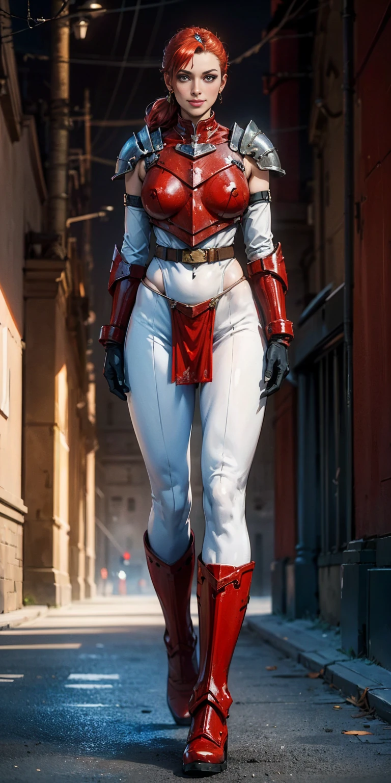 (masterpiece, best quality, 4k, 1girlsolo, 1MILFWOMAN, smile RED cheeks, plain background:1.2) perfect face, perfect lighting, mature whsororitas with gloves RED gauntlets in her hands like Cammy White from Street Fighter, bob RED hair, warhammer 40k power armor suit with loincloth, red eyes like rubies, full body RED armor, view from below, looking to the viewer, arms to the sides empty hands, RED military boots, silver skull ornament attached to crossing 2 belt wide hips, 2 long legs