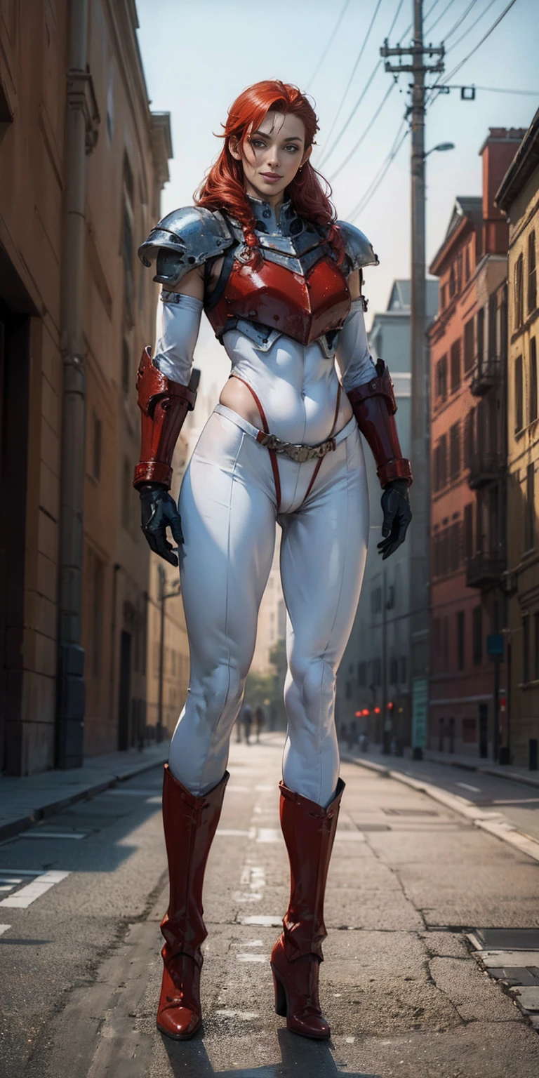 (masterpiece, best quality, 4k, 1girlsolo, 1MILFWOMAN, smile RED cheeks, plain background:1.2) perfect face, perfect lighting, mature whsororitas with gloves RED gauntlets in her hands like Cammy White from Street Fighter, bob RED hair, warhammer 40k power armor suit with loincloth, red eyes like rubies, full body RED armor, view from below, looking to the viewer, arms to the sides empty hands, RED military boots, silver skull ornament attached to crossing 2 belt wide hips, 2 long legs