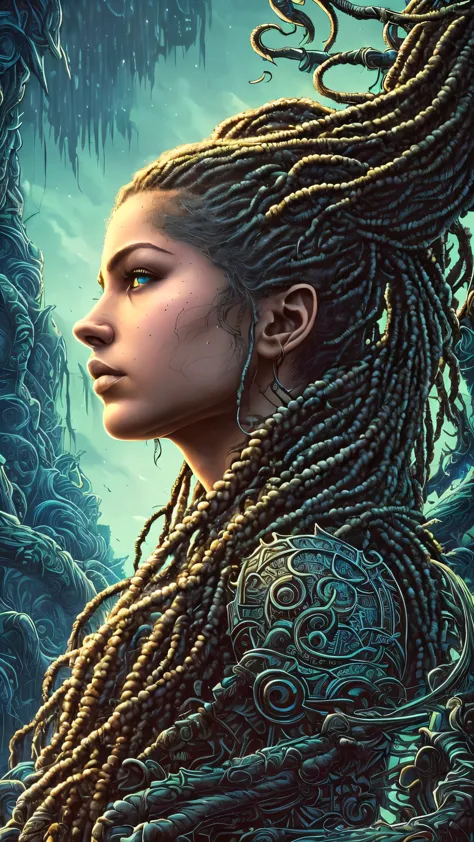 Correction in the eyes, in profile (beautiful girl, 18 years old, looking at the horizon, with flowing dreadlocks :1.1) portrait, dark forest, waterfall, romantic sunset, sharp symmetrical artistic art, dan mumford style, hdr, realism, dark fantasy atmosphere, lovecraft style, (artstyle JimJorCrafLogo:1.3), (close up view)