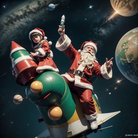 Santa Claus, Christmas, space rocket, vintage, outer space, planets, officer, volando space rocket caricatura, green, red, dorado, children in rocket