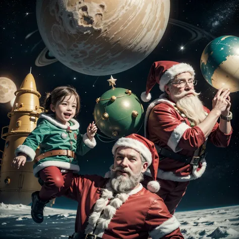 Santa Claus, Christmas, space rocket, vintage, outer space, planets, officer, volando space rocket caricatura, green, red, dorado, children in rocket