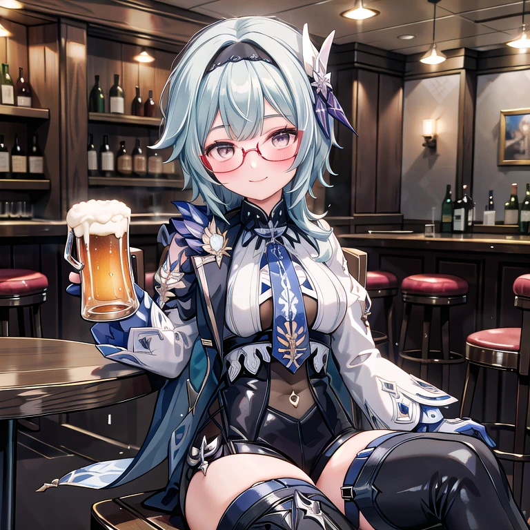 Eula Lawrence alone, sitting at a bar table, the night, starry sky, holding a mug of beer in his left hand, Grinning, adorable smile, blushed face, with prescription glasses, a bottle of beer on the next table