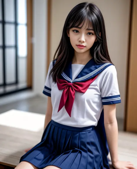 1girl, 15yo , sailor uniform, touching her developed body, detailed , realistic, photorealistic, highres, masterpiece, ultra-detailed, dramatic lighting, cinematic composition, beautiful detailed eyes, beautiful detailed lips, extremely detailed face, long eyelashes, intricate details, glowing skin, soft lighting, warm color palette, cinematic framing, professional photography