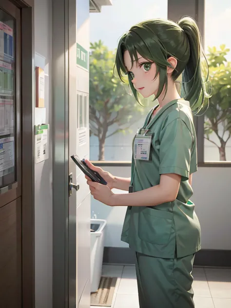 girl, alone, Mion Sonozaki, green eyes, ponytail,, ponytail, 医療用scrub、scrub、Female nurse、Short sleeve、Long trousers, (ID card)、s...