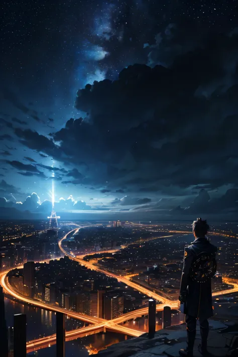 Vertical view, night scene, a person observing a city in the distance, standing at the exit of a cliff, in the background storm clouds (over the clouds clockwork gears that reach the starry sky)