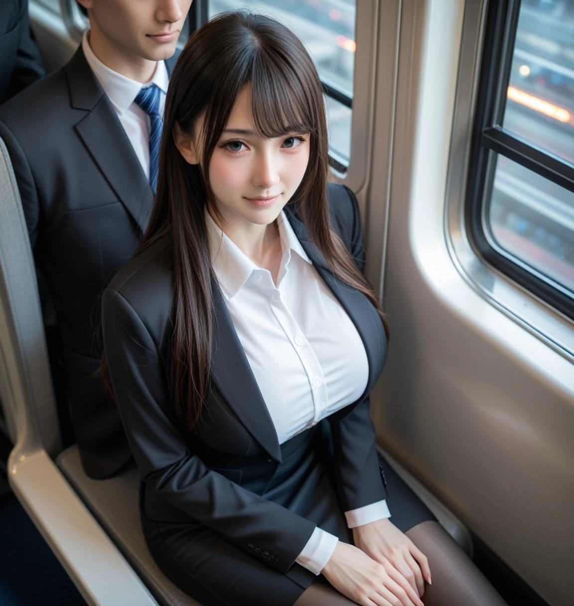 score_9, score_8_up, score_7_up, uncensored, realistic, in train, tokyo, (at night:1.2), from above,
1girl, cute, japanese, black hair, long hair, bangs, half closed eyes, closed mouth, naughty face,, (gigantic breasts), 
(business suit:1.2), office_uniform, (black suit:1.3), white shirt, pencilskirt, pantyhose, 
sitting on train long seat,  