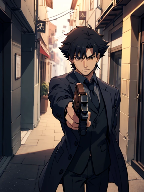 masterpiece, best quality,  emiyaki, stubble, long coat, suit, grey shirt, necktie, pants, shoes, cowboy shot, looking to the side, chiaroscuro, alleyway ,holding gun,handgun,hold a gun and take aim,aiming at viewer,gun