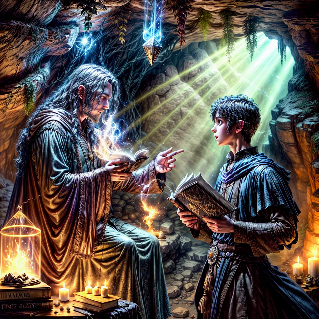 blurred image of a man and a boy in a cave, spellcasting wizard, Tolkien and Michael Komarck, jovem mago, fantasy book illustration, wizard reading a directory, realistic fantasy photography, wizard casting a spell, wizard doing a tarot reading, magic scen...