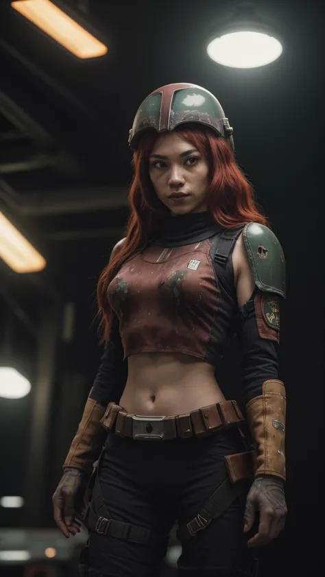 a 20-year-old girl with long red hair, dressed as boba fett from star wars, only wearing the helmet, a top and floss underwear,c...